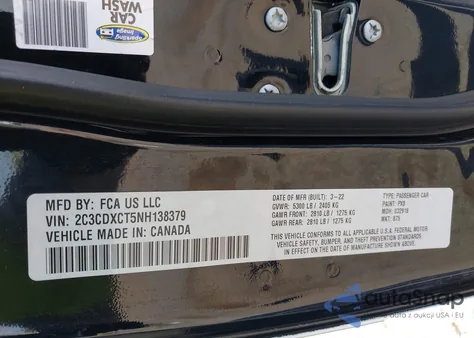 2022 Dodge Charger R/T z USA, uszkodzony, nr VIN 2C3CDXCT5NH138379